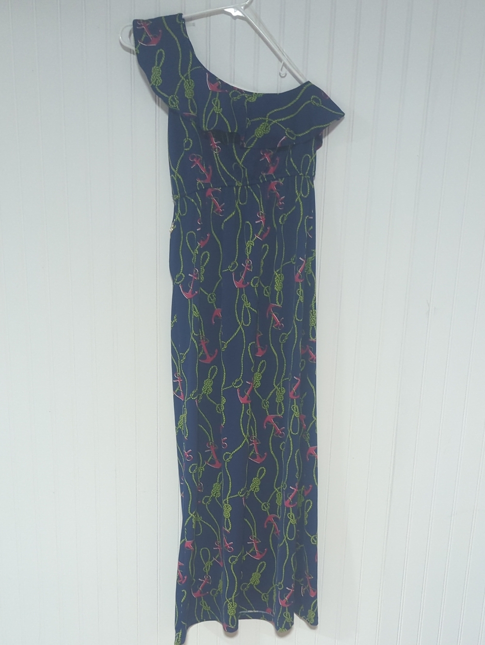 Tracy Negoshian Navy One-Shoulder Maxi Dress with Pink & Lime Rope Print